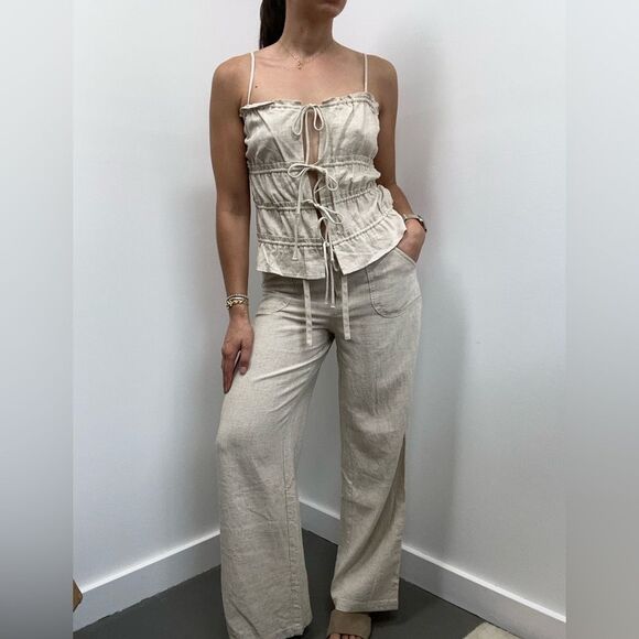 H&M Beige Linen Blend 2 Piece Pant Set Ruche Tie Front Top Wide Leg Size XS/S - Picture 1 of 15